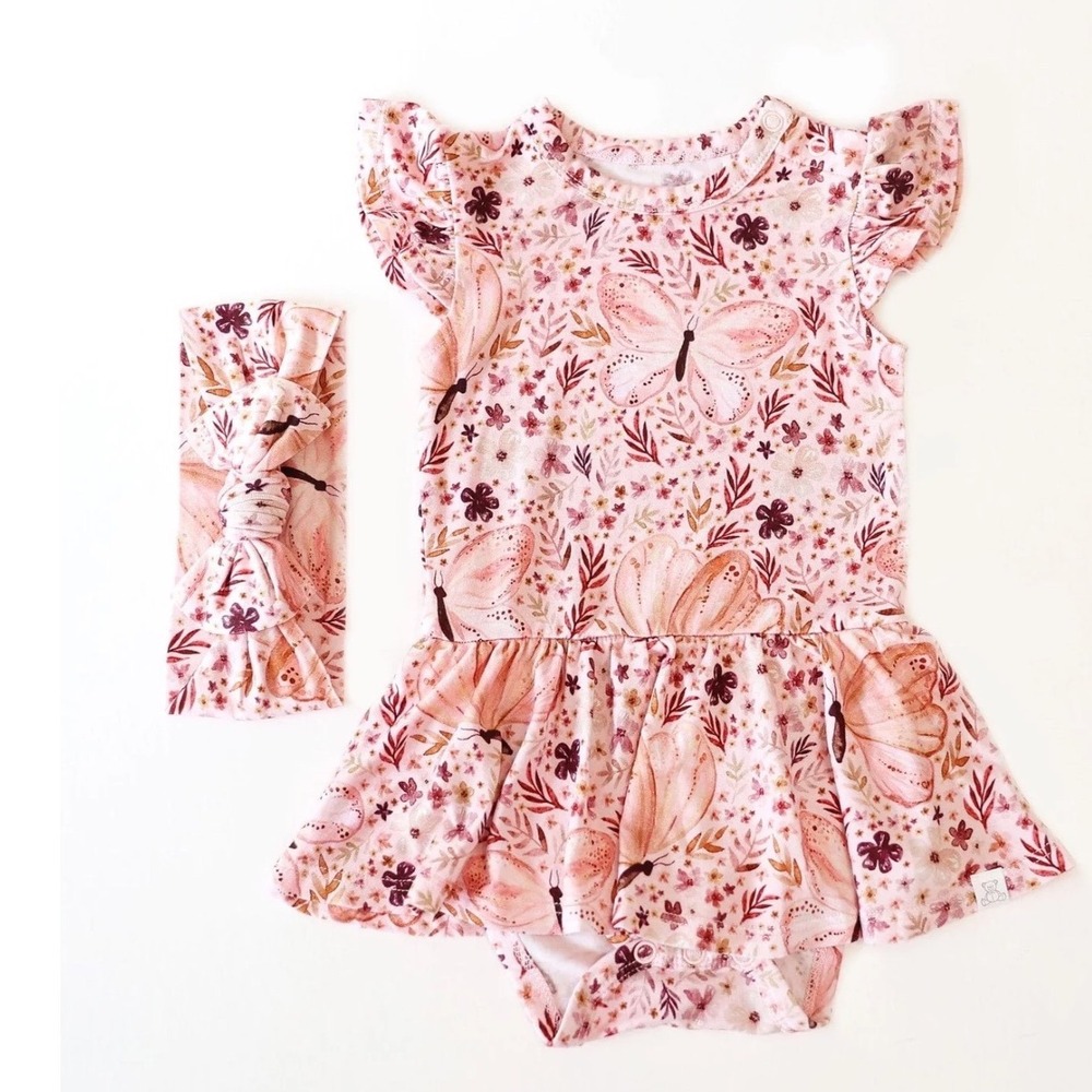 NWT 2T Bamboo Bodysuit Twirl Dress Pink Butterfly Set Matching Headband Bow